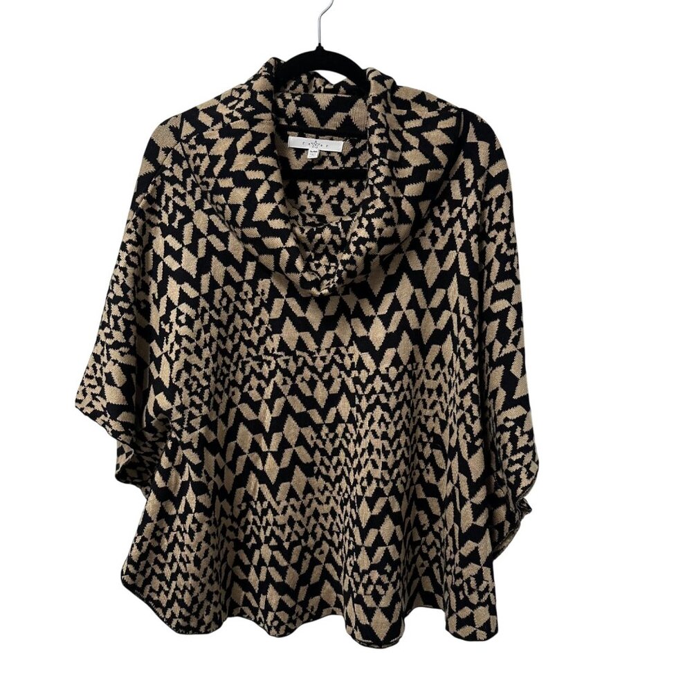 FEVER SWEATER PONCHO COWL NECK BLACK CAMEL SIZE S/M GEOMETRIC ABSTRACT NEUTRAL